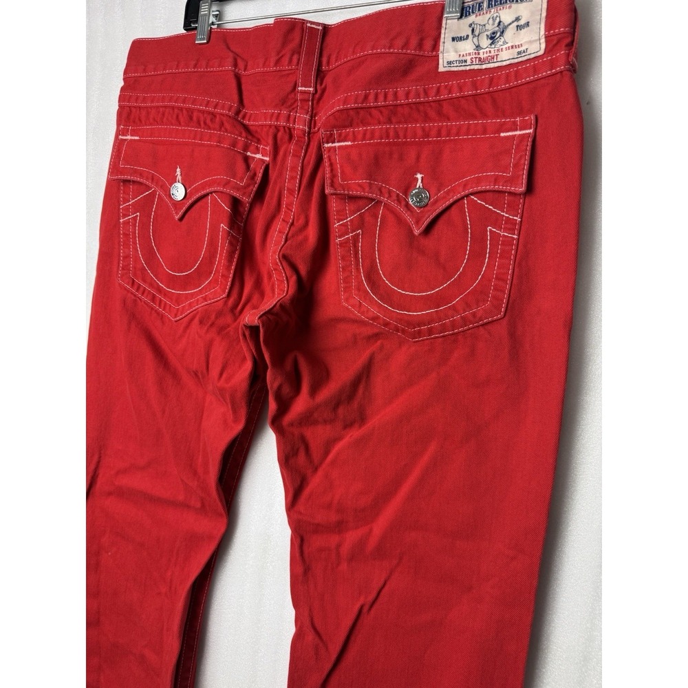 VTG Y2K True Religion Jeans Mens 40x34 Red Straight Flap Pocket Thick Stitch